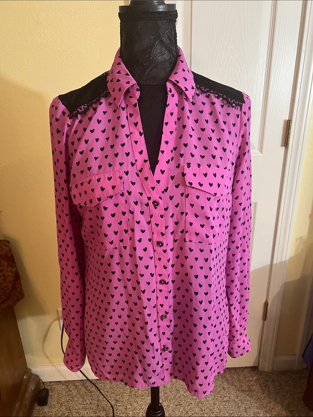 Candie's Pink Blouse with Black Heart Print and Lace Shoulders